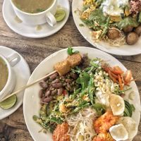 Buffet: soup beans rice noodles kimchi kroepoep beans Tempeh  at Sawobali  in Ubud