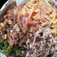 GF pasta, Vegan Mince, spicy steamed kale, bean brown rice at Vegan's Delight in Bronx