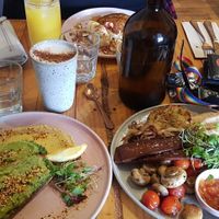 Sour dough & Smashed Avocado and the Big Meadow Breakfast, accompanied with the All Hail Kale juice and a peanut butter latte   at The Sweet Meadow in Echuca