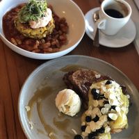 French toast, corn fritters, long black  at The Sweet Meadow in Echuca