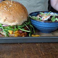 Impossible chilli cheese burger with broccoli salad. at V-Eats in Dallas