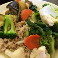 Green curry and stir fried veggies with brown rice at Veggie Time - Veg Out Time in St Kilda