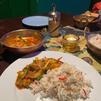 Gemüse pfanne in red curry sauce. at Cafe Lom in Rostock