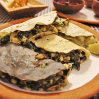 Vegetarian tacos with loads of different fillings. 4 different options, some are vegan. Creative options including prickly pear, green pepper with cheese, and curried veg. at Cabuche in Oaxaca