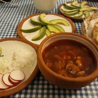 Small pozole (mushrooms) for 75$ with an extra avocado slices for 40$ #pozole #Mexico #soup #maíz #champiñones at Cabuche in Oaxaca