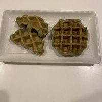 Tasty and fluffy seaweed waffles. I bought them for the modest price of 400 Yen. The first I mixed with a crunchy salad, the second I covered with pickles.   at Kanauta in Kobe