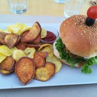 Vegan bean burger with potato & sweet potato chips  at Escandinavia Green Spirit in Fuseta