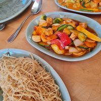 Noodles with beansprouts and a tofu sweet and sour dish at Doi Intanon in Ambleside