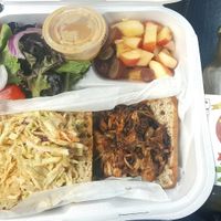 BBQ Jack Fruit Sandwich, fruit & salad at Plant Power Cafe & Juice Bar in Chattanooga