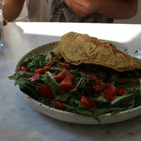 Chickpea omelette with mushrooms and salad at Acacia in Frederiksberg