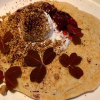 Blueberry pancake with coconut ice cream at Acacia in Frederiksberg