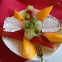 Fruit plate (the hearts are made of ice) at P&B Restaurant in Hoi An