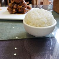 The sweet and sour "pork" and the bowl of rice at Vegetarian Dumpling in Beijing
