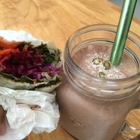 Roasted veggie and herbed cheese wrap with a chocolate raw cacao smoothie at Nourish Cafe in Yangon
