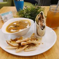Combo Meal (pumpkin soup with half pita and kombucha) at Nourish Cafe in Yangon