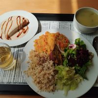 Green bean soup; whole grain basmati rice, quinoa, baked sweet potato, daal with shredded seitan, cabbage and salad & "yogurt" cake with coconut cream topping at Cozinha Consciente in Coimbra