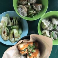2 different kinds of dumplings and fried tofu plus bok choy with garlic  at GAO Dumpling Bar in Copenhagen