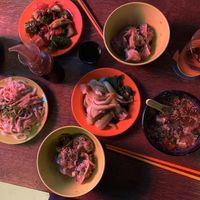 Noodles with roasted nut sauce (no fish sauce), Bok Choy,  Cucumber Salad, mushroom dumplings and veg noodle soup. at GAO Dumpling Bar in Copenhagen