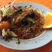 Soya spaghetti bolognese with salad at Arvore do Mundo in Porto
