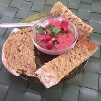 Beetroot hummus with homemade bread  at Arvore do Mundo in Porto
