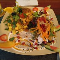 Tofu espiritual (tofu and potatoes with crumble) and salad at Arvore do Mundo in Porto