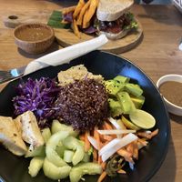 Buddha bowl type meal and Smokey jackfruit sandwich   at The Banyan Tree in 