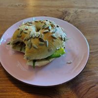 Bagel with vegan feta and avocado at The Banyan Tree in 