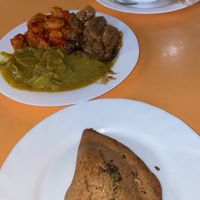 Bechamel/Spinach empanadilla, vegan chicken in different sauces, potato salad  at Confitería Maiquez in Murcia