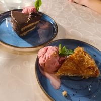 Baklava and chocolate cake with ice cream! at Windmill Restaurant in Paphos