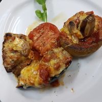 Stuffed mushrooms and aubergine saganaki. Availlable with vegan cheese too at Windmill Restaurant in Paphos