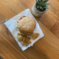 Vegan burger and chips  at BHeavenly - Food Trailer in Eugene