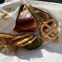 Savoury bagel, surprisingly served with pretzels and a pickle. Yum!  at Bury Me Standing  in Hobart