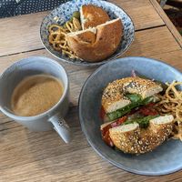 Astrid’s Favourite (back), Pepperoni (Front) and a massive Oat Latte.  at Bury Me Standing  in Hobart
