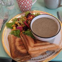 Mushroom soup, smoked tofu croque Monsieur and salad at Les P'tits Poissons Verts in Nimes