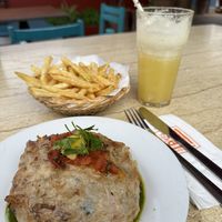 Vegetable pastille, delicious homemade fries & a fiery ginger lemonade!   at Cafe Clock in Marrakech