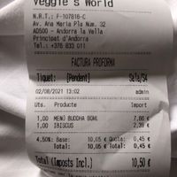 Receipt  at Veggie's World in Andorra La Vella