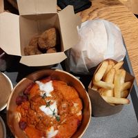 Gnocchi a la bolognesa, spinach croquetas and the rustic cheese burguer menu (still wrapped and homemade fries) at Veggie's World in Andorra La Vella