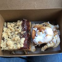 Raspberry oat bar and cinnamon bun at Beards Coffee Bar & Bakery in Sudbury