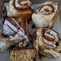 Cinnamon buns and strawberry coffee cake. at Beards Coffee Bar & Bakery in Sudbury