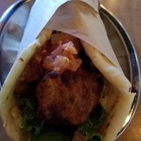 Chickpea gyro, no feta and sub the tatziki sauce with hummus at Alpha Omega in Waco