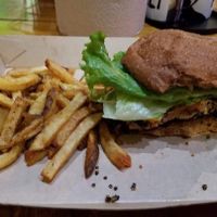 Veggie bean burger with fries at Twisted Root Burger in Waco