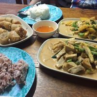 pineapple curry, tofu curry and spring rolls  at Number One Vegetarian in Bangkok