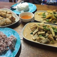 Pineapple Curry, Tofu Curry, rice and spring rolls at Number One Vegetarian in Bangkok