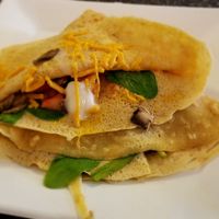 crepe with vegan colby jack, vegan cream cheese, spinach, mushroom, and tomato at For Crepes Sake in Lansing