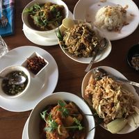 Tea leaf salad, ginger salad, coconut rice, tomato tofu curry and aubergine curry at The Moon (2) - New Bagan in Bagan