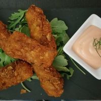 "Chicken-free-Chicken-nuggets" made of tofu I believe. Delicious! at Marsim Bistrobarante in Mallorca