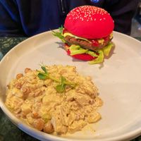 Burger with amazing potato salad  at Scheckter's Raw in Cape Town