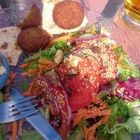 Falafel and salad (little pot of houmous sadly out of shot!)  at Pura Vida Art Cafe in Lanzarote