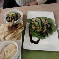 Smoked aubergine and avocado, plus hummous pitta and olives at Vegan Express in South West London