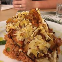 Baked aubergine stuffed with vegetables, served with quinoa at Vegan Express in South West London
